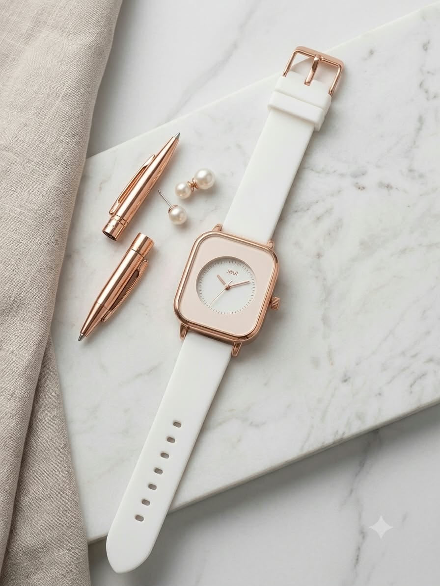 Ceas Elegant Rose Gold cu Curea Albă – Timeless White