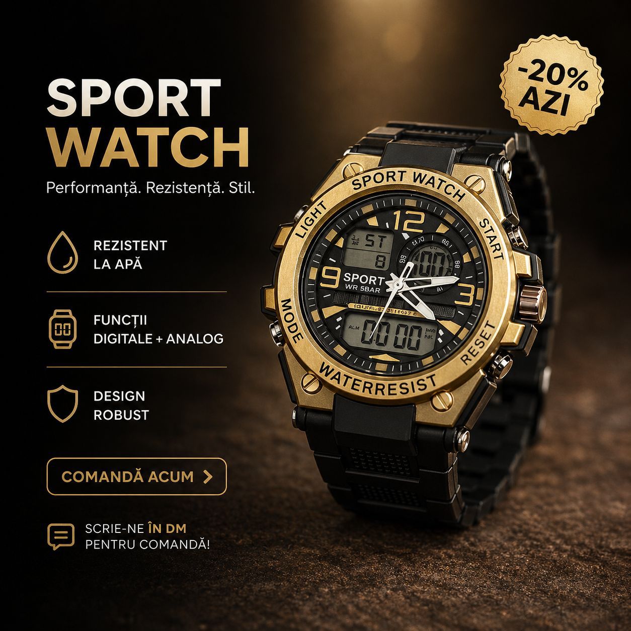Ceas Sport Gold Black – Unisex